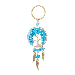Synthetic Turquoise Woven Net/Web with Wing Pendant Keychain, with Synthetic Turquoise Chips and Iron Key Rings, Flat Round with Tree of Life, 10.9~11cm