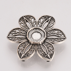 Antique Silver Tibetan Style Alloy Cabochon Connector Settings, Flower, Cadmium Free & Lead Free, Antique Silver, Tray: 10mm, 32x36x6mm, Hole: 1mm, about 150pcs/1000g