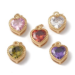 Mixed Color Rack Plating Brass with Cubic Zirconia Charms, Heart, Cadmium Free & Lead Free, Long-Lasting Plated, with Jump Ring, Real 18K Gold Plated, Mixed Color, 13x10x5mm, Hole: 0.9mm