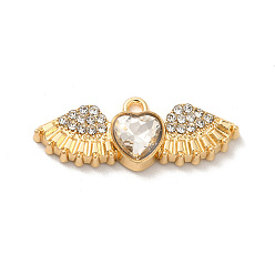 Clear Rack Plating Alloy Rhinestone Charms, with Glass, Nickel Free, Heart with Wings, Golden, Clear, 10.5x27.5x5mm, Hole: 1.6mm