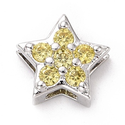 Champagne Yellow Eco-friendly Brass Micro Pave Cubic Zirconia Slide Charms, Cadmium Free & Lead Free, Long-Lasting Plated, Platinum, Star, Champagne Yellow, 8.5x9x3.8mm, Hole: 1x6.7mm