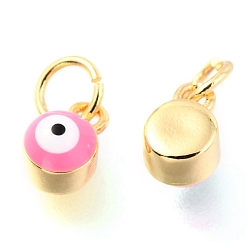 Pink Brass Enamel Pendants, Long-Lasting Plated, Real 18K Gold Plated, with Jump Rings, Column with Evil Eye, Pink, 7x3.5x4.5mm,Jump Ring: 5x0.6mm, 3mm inner diameter.