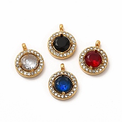 Mixed Color Vacuum Plating 304 Stainless Steel Cubic Zirconia Pendants, with Rhinestone, Flat Round Charms, Mixed Color, 13x10.5x4mm, Hole: 1.8mm