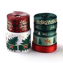 Color mezclado 7 rollos de cinta de raso navideña, Cinta de poliéster, para hacer manualidades, paquete de regalo, Navidad tema patrón, color mezclado, 10~39 mm, aproximadamente 5 yardas / rodillo (4.57 m / rollo)