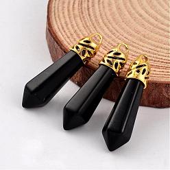 Obsidian Bullet Natural Obsidian Pendants, with Golden Tone Alloy Findings, 34~36x8~9mm, Hole: 3x2mm
