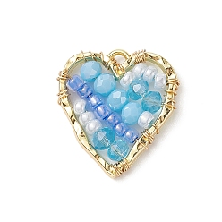 Bleu Ciel Pendentif en perles de verre et graines du japon, avec des apprêts en alliage plaqué or véritable 18k, cœur, bleu ciel, 22.5x21x4mm, Trou: 1.5mm