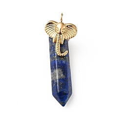 Lapis Lazuli Elephant Natural Lapis Lazuli Pointed Pendants, with Ion Plating(IP) Platinum & Golden Tone 304 Stainless Steel Findings, Faceted Bullet Charm, 42mm, Elephant: 19x14x3.5mm, Bullet: 32.5x8x8.5mm, Hole: 2.7mm