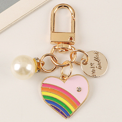 Pink Alloy Enamel Pendant Keychain, with Alloy Swivel Clasps, Plastic Imitation Pearl Beads and Rhinestone, Heart & Flat Round with Word, Pink, 2.3cm