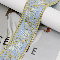 Light Sky Blue Embroidery Polyester Ribbon, Jacquard Ribbon, Garment Accessories, Floral, Light Sky Blue, 1-5/8 inch(40mm), 10 yards/roll