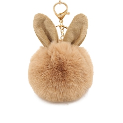 BurlyWood Easter Rabbit Faux Fluffy Ball Pendant Keychains, with Alloy Finding, BurlyWood, 90~100mm