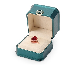 Teal Flower PU Leather Octagonal Ring Jewelry Box, Finger Ring Storage Gift Case, with Velvet Inside, for Wedding, Engagement, Teal, 7.5x7.5x6.2cm