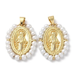Real 18K Gold Plated Rack Plating Brass Pendants, with Plastic Imitation Pearls, Cadmium Free & Lead Free, Oval with Saint Charm, Real 18K Gold Plated, 26x19~20x3.5mm, Hole: 3x4mm