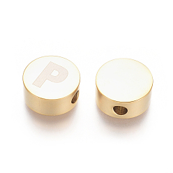 Letter P 304 Stainless Steel Beads, Flat Round with Letter, Letter.P, 10x4.5mm, Hole: 2mm