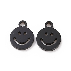 Electrophoresis Black Vacuum Plating 304 Stainless Steel Charms, Cut-Out, Manual Polishing, Hollow, Flat Round with Smile, Electrophoresis Black, 8x6x1mm, Hole: 0.8mm