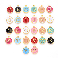 Mixed Color Alloy Enamel Charms, 2 side Enamelled Sequins, Golden Plated, Flat Round with Alphabet, Letter, Golden, Random Mixed Color, 14x12x2mm, Hole: 1.5mm, 26pcs/set