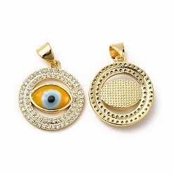 Orange Rack Plating Real 18K Gold Plated Brass Micro Pave Clear Cubic Zirconia Pendants, with Handmade Lampwork, Cadmium Free & Lead Free, Long-Lasting, Flat Round with Evil Eye, Orange, 20x17.5x3.5mm, Hole: 5.5x4mm