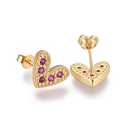 Golden Brass Micro Pave Cubic Zirconia Stud Earrings, with Brass Ear Nuts, Heart, Magenta, Golden, 10x11.5mm, Pin: 0.7mm