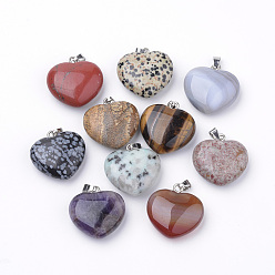 Mixed Stone Natural Gemstone Pendants, with Alloy Findings, Heart, Platinum, 27~29x28x11mm, Hole: 3.5x5mm