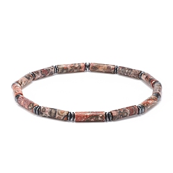 Léopard Colonne de jaspe en peau de léopard naturelle et bracelet extensible en hématite synthétique, bijoux en pierres précieuses pour hommes femmes, diamètre intérieur: 2-1/2 pouce (6.2 cm)