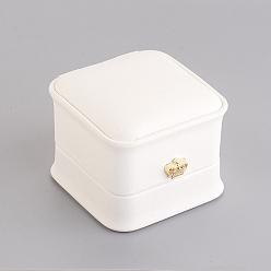 Blanco Cajas de regalo de anillo de cuero de pu, con corona de hierro bañado en oro y terciopelo en el interior, para la boda, caja de almacenamiento de joyas, blanco, 5.85x5.8x4.9 cm
