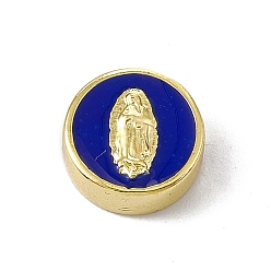 Blue Real 18K Gold Plated Brass Enamel Beads, Long-Lasting Plated, Religion, Cadmium Free & Lead Free, Flat Round with Virgin Mary, Blue, 11x4.5mm, Hole: 1.8mm