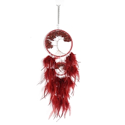 Feather Retro Style Iron & Natural Red Agate Pendant Hanging Decoration, Woven Net/Web with Feather Wall Hanging Wall Decor, 160mm