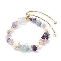 Fluorine Bracelet coulissant en perles de fluorite naturelle et perles, bijoux en pierres précieuses pour femmes, or, diamètre intérieur: 2-1/8~3-1/4 pouce (5.4~8.4 cm)