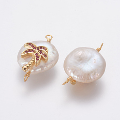 Pourpre Connecteurs de liens de perles naturelles, avec accessoires zircon cubique micro pave en laiton, pépites de cocotier, or, fuchsia, 21~27x13~16x6~8mm, Trou: 1.6mm
