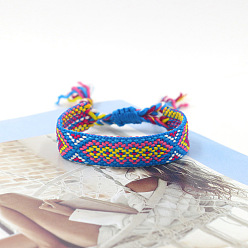 Bleu Dodger Bracelet cordon polyester tressé motif losange, bracelet brésilien réglable ethnique tribal pour femme, Dodger bleu, 5-7/8 pouce (15 cm)