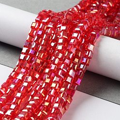 Roja Abalorios de vidrio electrochapdo, color de ab chapado, facetados, cubo, rojo, 4x4x4 mm, agujero: 1 mm, sobre 98 unidades / cadena, 15.7 pulgada