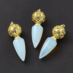 Opalite Opalite Big Pendants, Cone Charms with Rack Plating Brass Hollow Ball, Golden, Cadmium Free & Lead Free, 57~58x17.5~18mm, Hole: 8x5mm