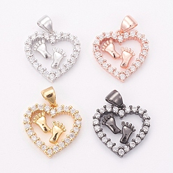 Mixed Color Brass Micro Pave Cubic Zirconia Pendants, Heart with Foot, Clear, Mixed Color, 16x16x3mm, Hole: 3.5x4mm