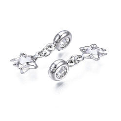 Platinum Rack Plating Alloy European Dangle Charms, with Resin Crystal Rhinestone, Large Hole Beads, Cadmium Free & Lead Free, Star, Platinum, 27mm, Hole: 4.5mm, Star: 14x11x6.5mm