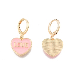 Pink Heart with Word Love Enamel Dangle Leverback Earrings, Real 18K Gold Plated Brass Jewelry for Women, Cadmium Free & Nickel Free & Lead Free, Pink, 28mm, Pin: 1mm