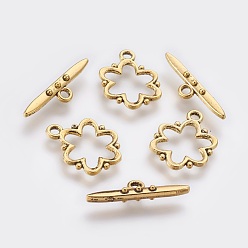 Antique Golden Alloy Toggle Clasps, Nickel Free, Lead Free and Cadmium Free, Antique Golden, Flower: 19x15x1.5mm, hole: 2mm. Bar: 24x6x4mm, hole: 2mm.