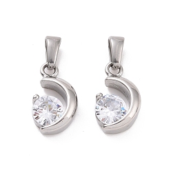 Stainless Steel Color 304 Stainless Steel Charms, with Cubic Zirconia, Moon, Clear, Stainless Steel Color, 15x8.5x4mm, Hole: 5x3mm