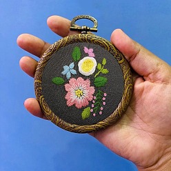 Gray DIY Pendant Decoration Embroidery Kits, Including Printed Cotton Fabric, Embroidery Thread & Needles, Embroidery Hoop, Flower Pattern, Gray, Embroidery Hoop: 100mm