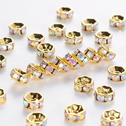 Crystal AB Brass Grade A Rhinestone Spacer Beads, Golden Plated, Rondelle, Nickel Free, Crystal AB, 8x3.8mm, Hole: 1.5mm