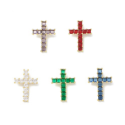 Mixed Color Rack Plating Brass Pendant, with Glass, Lead Free & Cadmium Free, Cross Charms, Real 18K Gold Plated, Mixed Color, 31.5x23x4~7.5mm, Hole: 5x2.5mm