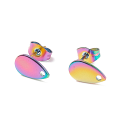 Rainbow Color Ion Plating(IP) 304 Stainless Steel Stud Earring Findings, with Flat Plate, Teardrop, Rainbow Color, 10x6x0.6mm, Hole: 1.2mm, Pin: 0.7mm