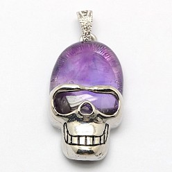 Amethyst Personalized Retro Halloween Skull Jewelry Bezel Natural Amethyst Pendants, with Antique Silver Plated Alloy Findings, 43x23x12mm, Hole: 5x4mm