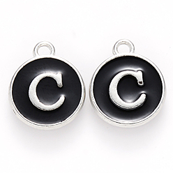 Letter C Platinum Plated Alloy Charms, Cadmium Free & Lead Free, with Enamel, Enamelled Sequins, Flat Round with Letter, Letter.C, 14x12x2mm, Hole: 1.5mm