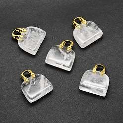 Quartz Crystal Natural Quartz Crystal Brass Pendants, Rock Crystal, Golden, Bag, 27~29x24~26x9~13mm, Hole: 6mm