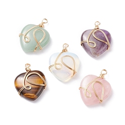 Mixed Stone Natural & Synthetic Mixed Gemstone Pendants, with Golden Tone Copper Wire Wrapped, Heart, 40.5x30x8.5mm, Hole: 4.2mm