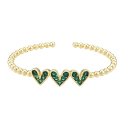 Green Cubic Zirconia Triple Heart Open Cuff Bangle, Real 18K Gold Plated Brass Jewelry for Women, Green, Inner Diameter: 1-7/8x2-1/8 inch(4.9x5.5cm)