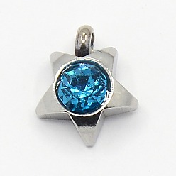 Zircon Bleu 201 pendentifs charme strass étoiles en acier inoxydable, Grade a, facette, zircon bleu, 9x8x3mm, Trou: 1mm
