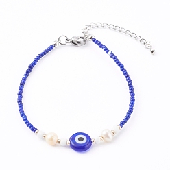 Blue Glass Seed Beaded Bracelets, with Natural Pearl Beads and Evil Eye Lampwork Beads, Blue, 7-1/8 inch(18cm)