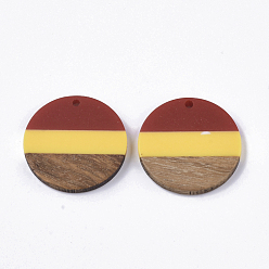 FireBrick Tri-color Resin & Walnut Wood Pendants, Flat Round, FireBrick, 28x3.5mm, Hole: 2mm