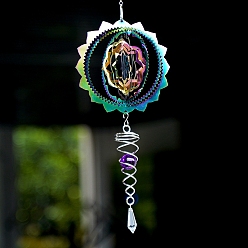 Flower Metal 3D Wind Spinner, with Glass Beads, for Outdoor Courtyard Garden Hanging Decoration, Rainbow Color, Flower, 150mm