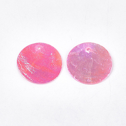 Hot Pink AB Color Plated Capiz Shell Pendants, Dyed, Flat Round, Hot Pink, 24~25x1~2mm, Hole: 1.5mm